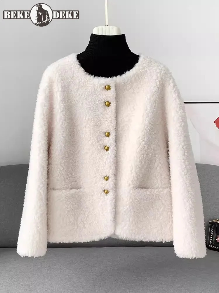 Womens autumn and winter real wool jacket O-neck single chest natural wool fur coat retro office womens thick warm coat 241021