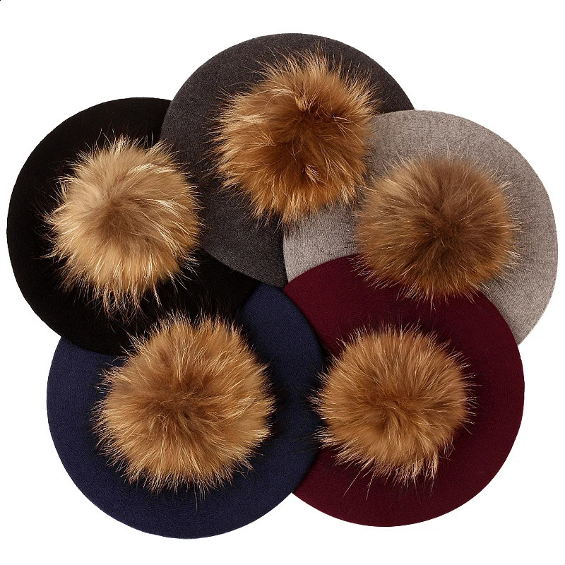 Womens autumn and winter cashmere beret womens knitted thick skull hat womens 15cm real ball Pom hat 241021