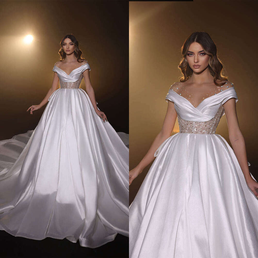 Beauteous Wedding Dress A-E V-Neck Off The Shoulder Sequined Pleat Sleeveless Or-Length Bride Vestido De Noiva Custom Made 0228Lz