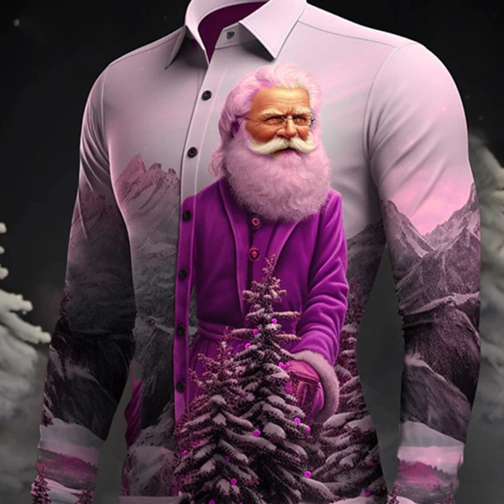 Daily Wear Going Out Fall Winter Turndown Long Sleeve Elastic Fabric Comfortable Shirt Santa Claus Pattern Casual Mens Shirt 241007