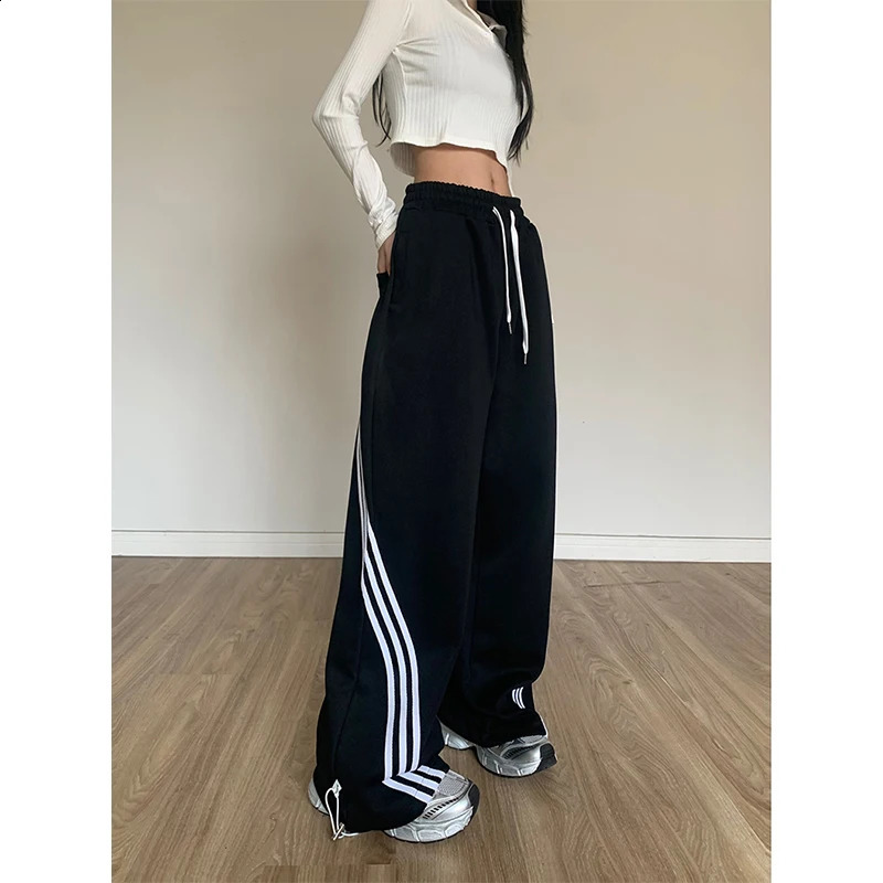 Black Striped Sweatpants Women Preppy Style High Waist Loose Casual Trousers Korean Chic Gray Lace Up Streetwear Wide Leg Pants Z260314