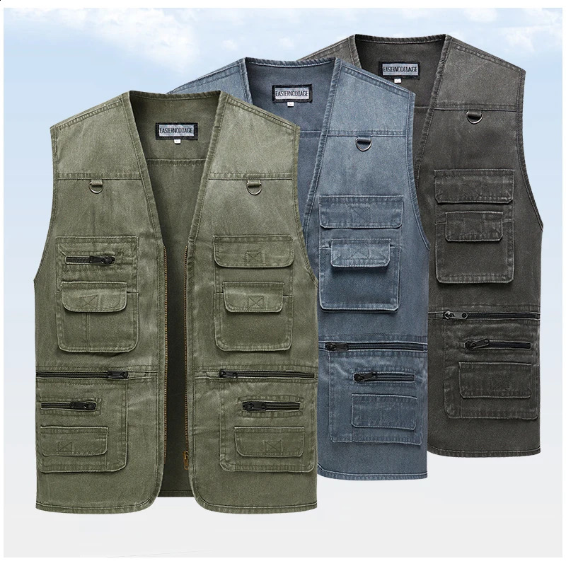 Mens Denim Vest Jacket Casual Sleeveless Waistcoat Driver Cyclist Jackets Multipocket Zipper Army Green Blue Work Cargo Vests 241021