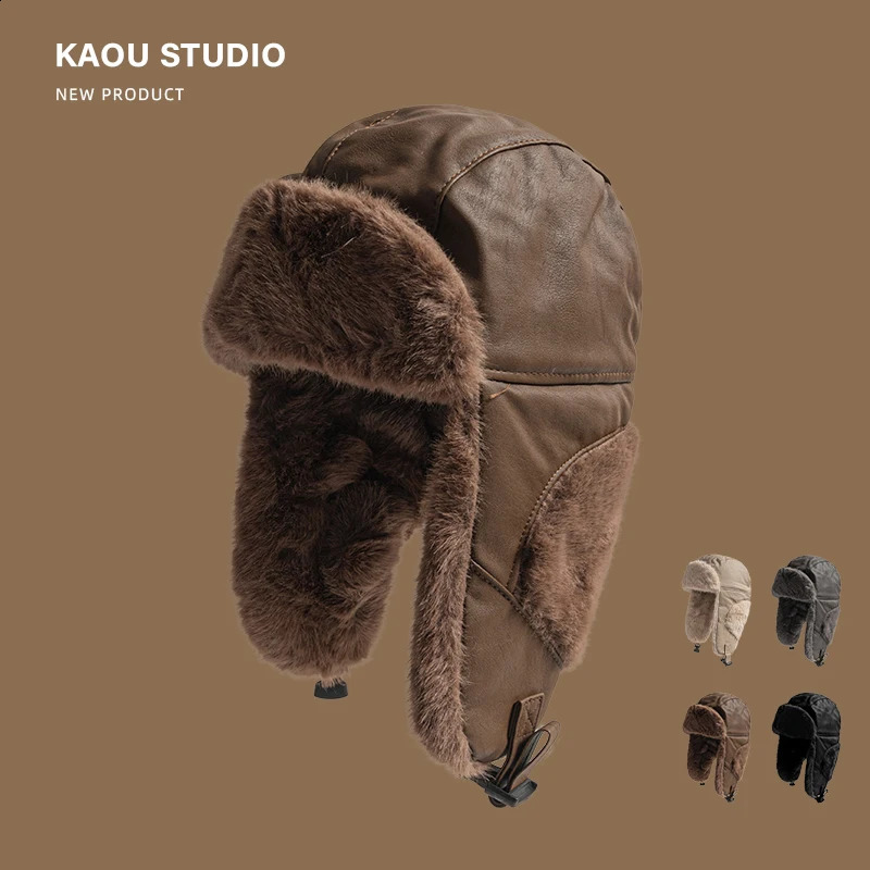 Winter Mens and Womens Leather Lei Feng Cap Retro Cold-proof Russian Hat Outdoor Velvet Ski Cycling Ear Protectors Bomber Hats 241024