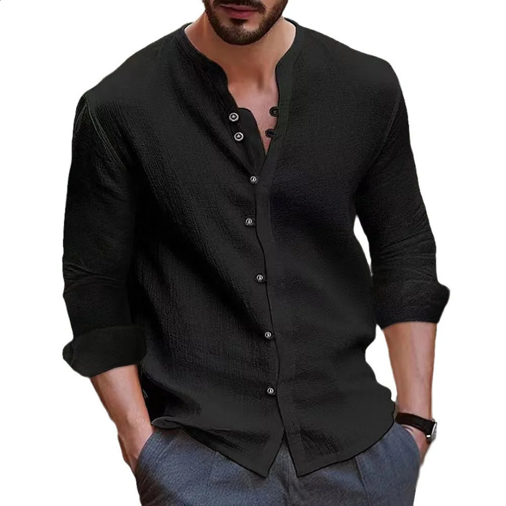 2025 Mens Casual Shirt Cotton Linen Shirt Loose Top Long Sleeve T-shirt Spring/Summer Casual Handsome Mens Shirt 241007