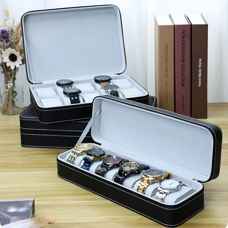 24681012 Slot Watch Box Portable Travel Zipper PU Leather Storage Case Watch Display Box for Business Trips and Gifts 241024