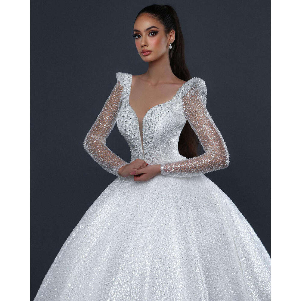 Ball Gown V-Neck Sequined Pearls Long Sleeve Plus Size Wedding Dress Princess Vestido De Noiva Custom Made 0228Lz