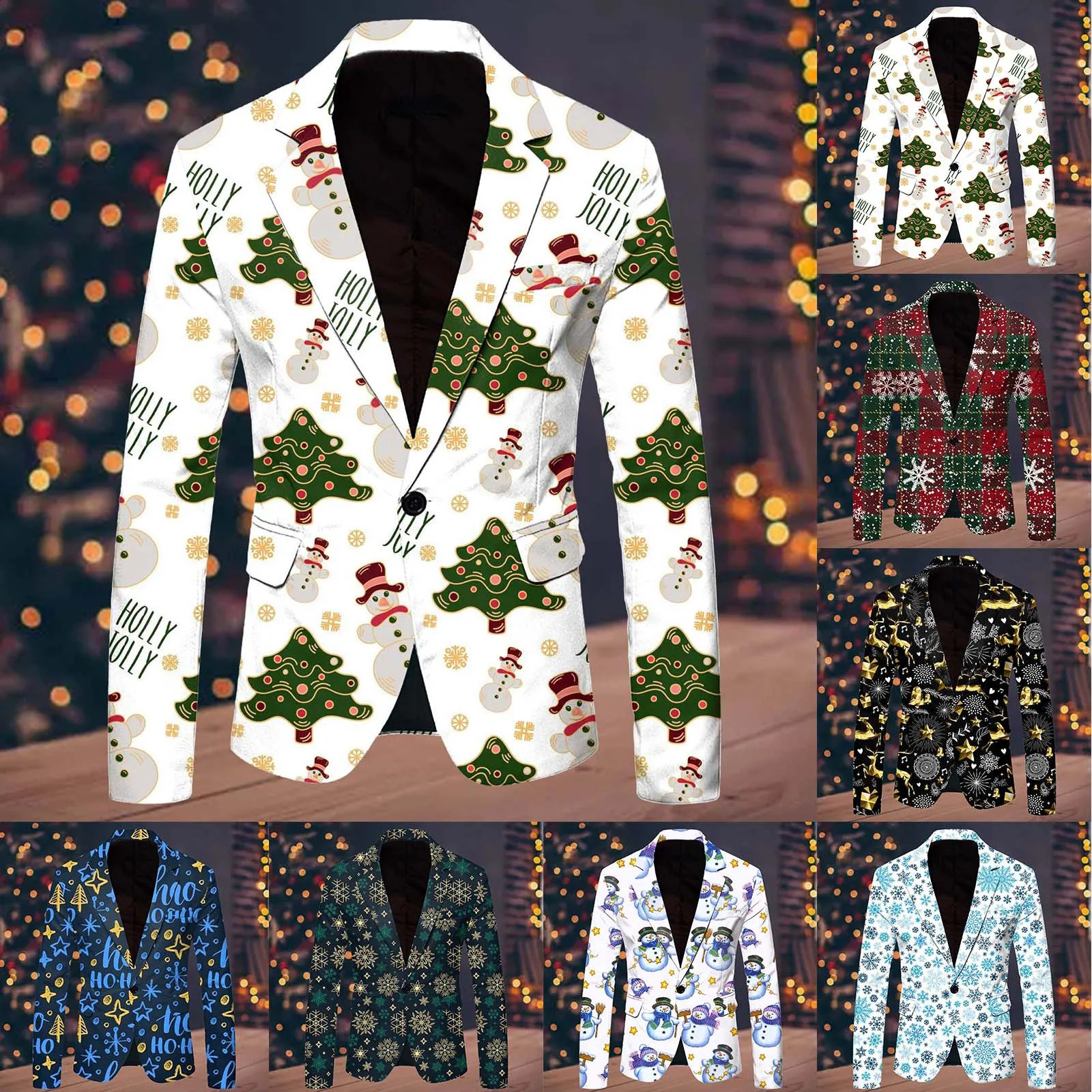 Mens Suit Jackets Christmas Printed Single Button Row Blazers Winter Casual Blazer Male Plus Size Fashion Coats For Party 241021