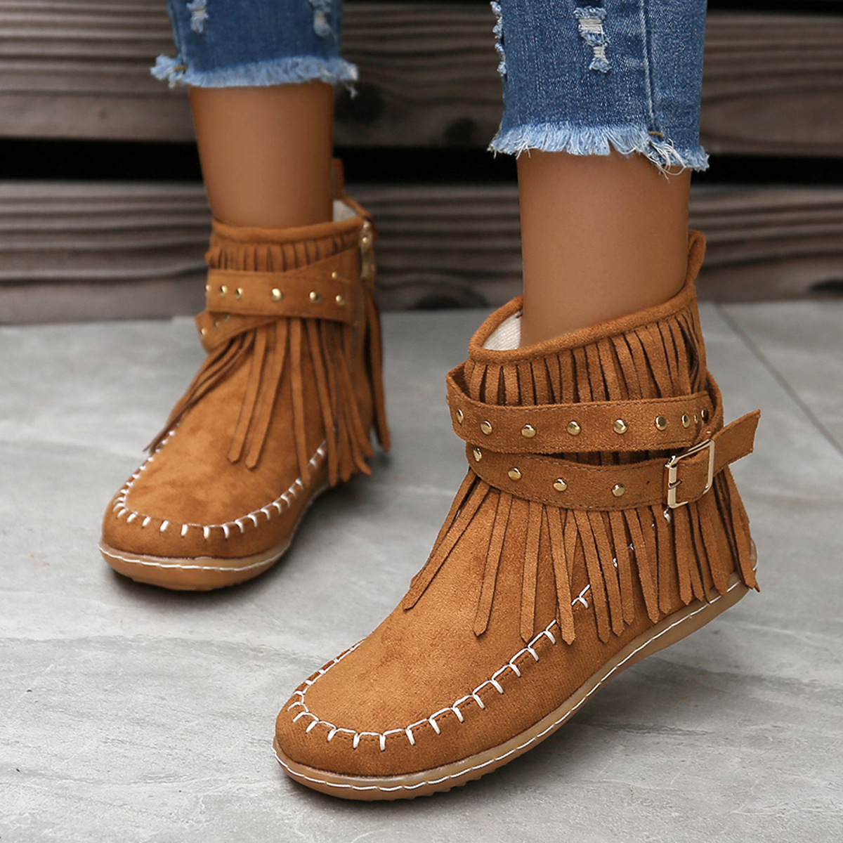 2024 free shipping new designer boots for women western cowboy boots thick heel polished punk style motorcycle zipper Riveted flat bottomed fringed bo