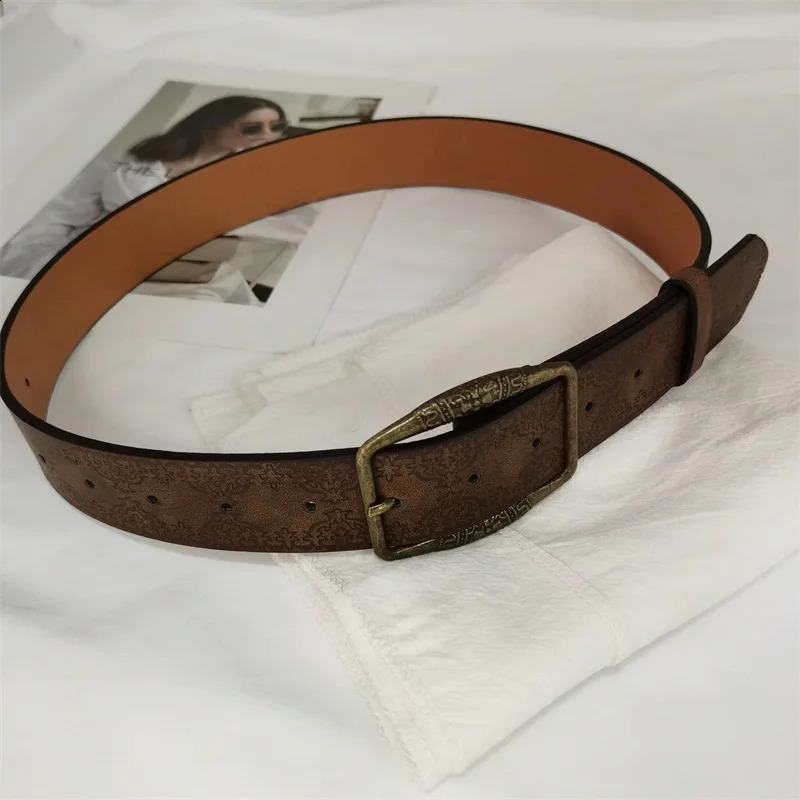 Retro Pattern Print Belts Women Pu Leather er Buckle Pin Waist Belt Y2K Vintage All-Match Waistband Accessories 241024