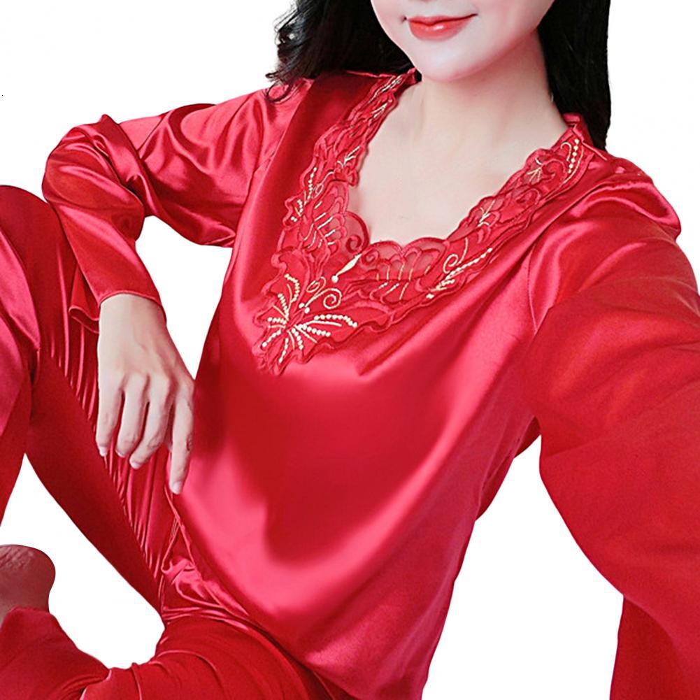 2025 Pcs Set Pamas Silky Long Sleeves V Neck Solid fashion Color Loose Sleeping Lace Plus Size Women Nightie Set for Bedroom