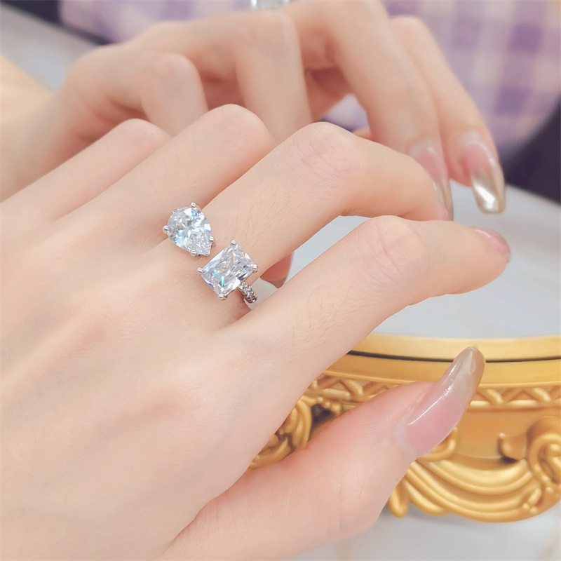 Lovers Heart To Pear Lab Moissanite Diamond 925 Sterling Silver Engagement Wedding Band Rings for Women Bridal Statement Party Jewelry Gift Adjustable