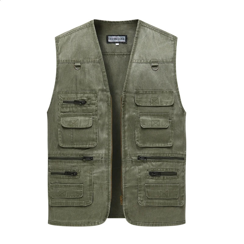 Mens Denim Vest Jacket Casual Sleeveless Waistcoat Driver Cyclist Jackets Multipocket Zipper Army Green Blue Work Cargo Vests 241021