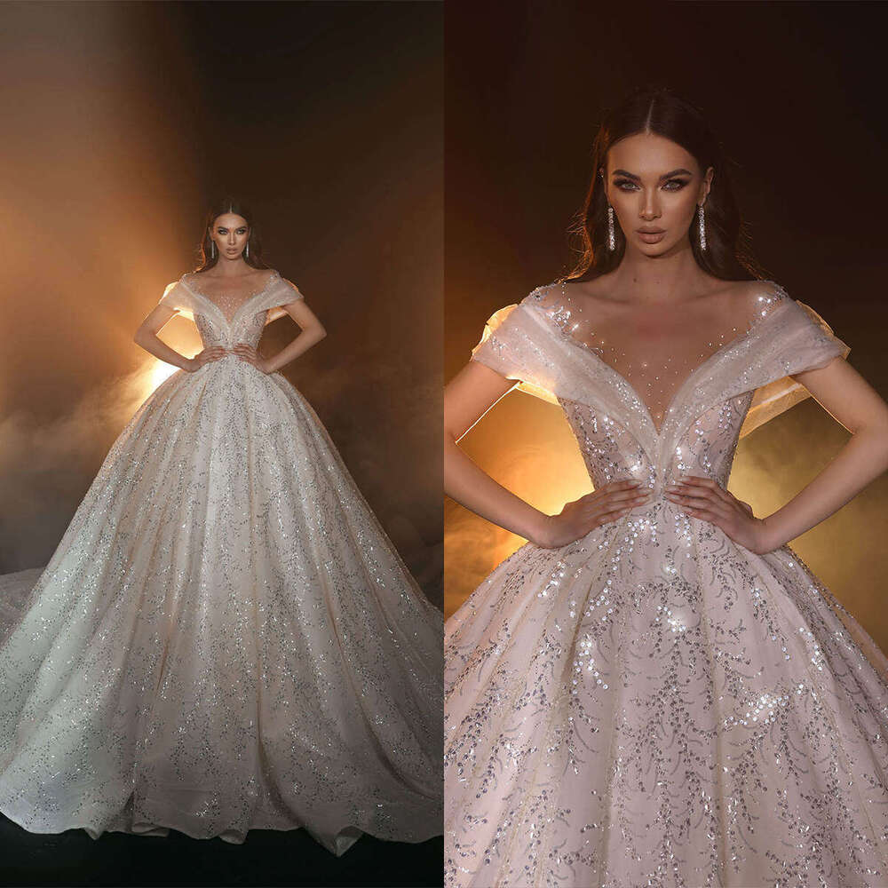 Dress Illusion Wedding Ball Gown V-Neck Off The Shoulder Sequined Sleeveless Or-Length Bride Vestido De Noiva Custom Made