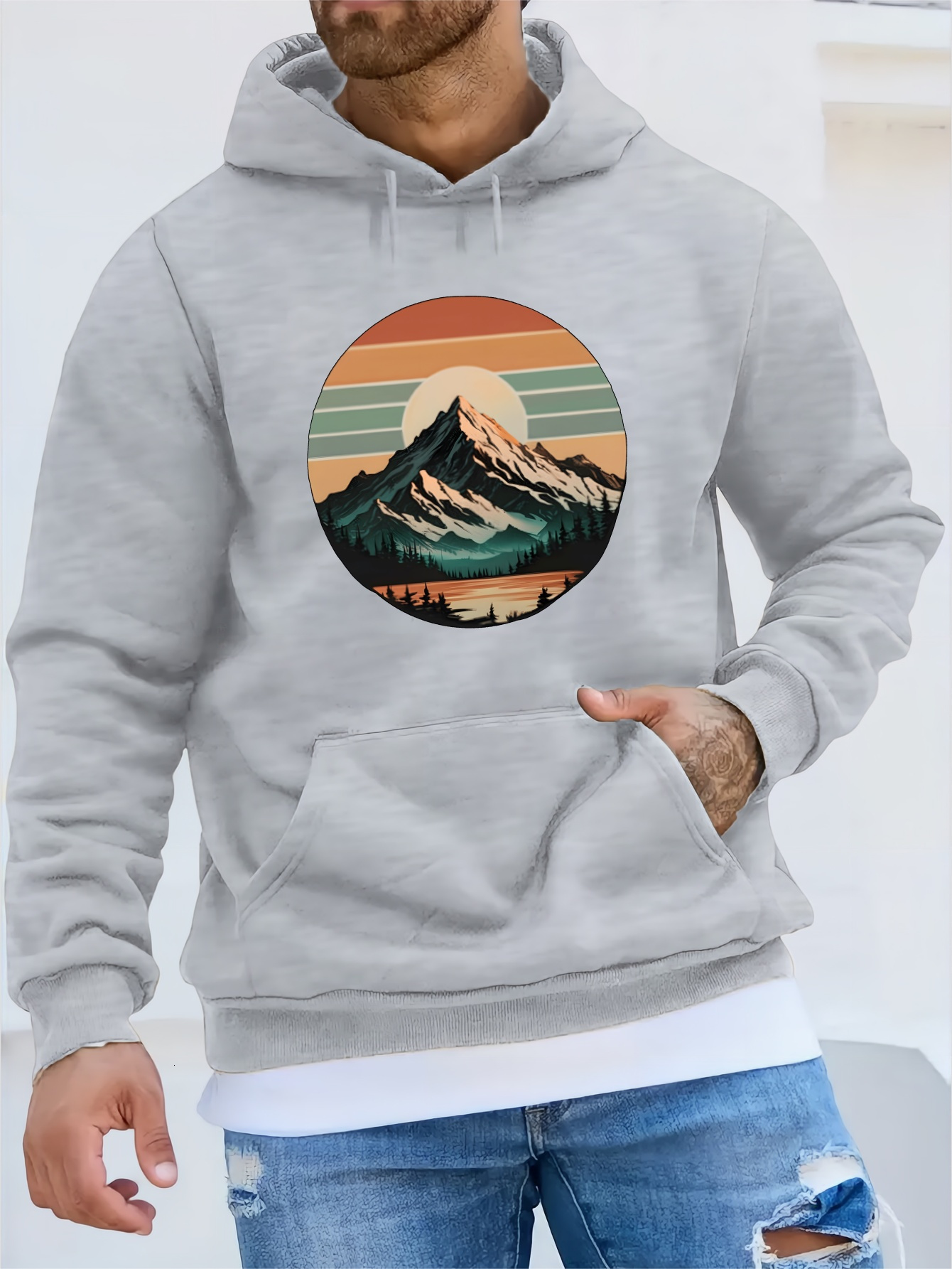 Men's Mountain Print Hoodie, Casual Polyester Pullover Sweatshirt, Long Sleeve, Regular Fit, Winter Fashion, American Style, Youth Plush, Unisex,