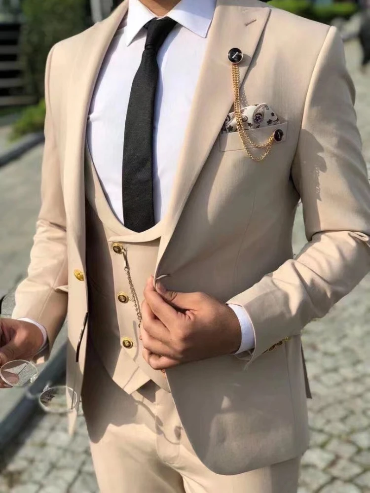 Italian Style Men's Suits Peak Lapel Custom Slim Fit 3 Piece Wedding Groom Tuxedo Business Fashoin Suit (Jacket+Pant+Vest)