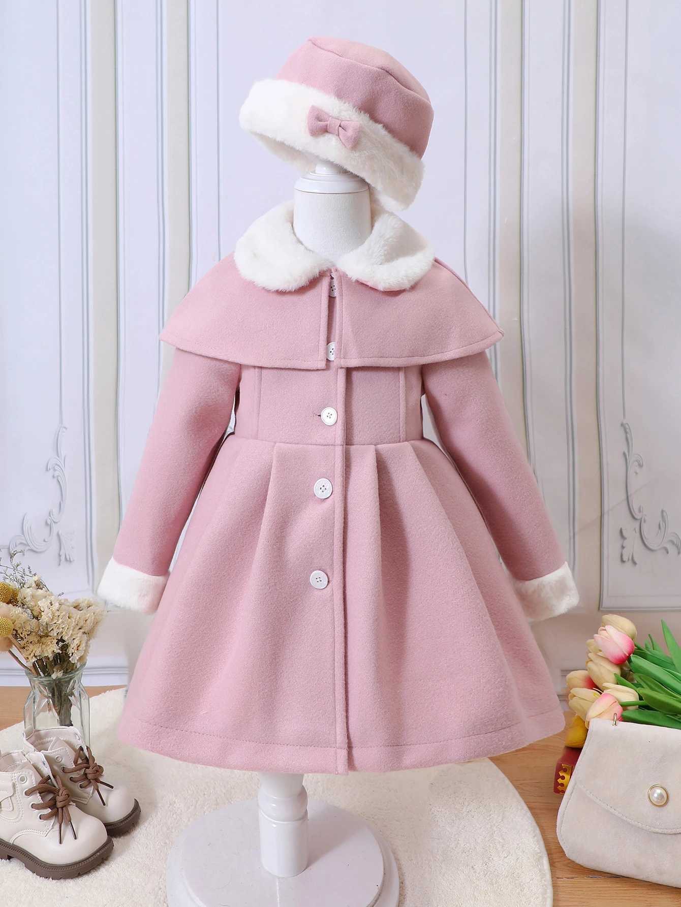 Girls new autumn and winter fur collar shawl double-layer wool coat with bow hat CL241021