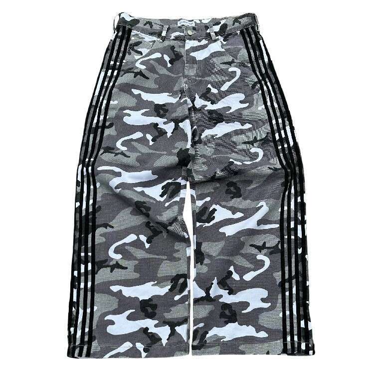 HCW Y2k Clothes Men Women Hip Hop Retro Tactical Camo Stripe Embroidered Baggy Jeans Low Rise Wide Leg Trouser