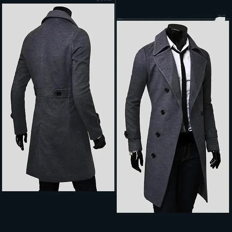 Mens double breasted trench coat wool blend autumn and winter solid casual slim fit long jacket wool coat fashionable mens clothing 241021