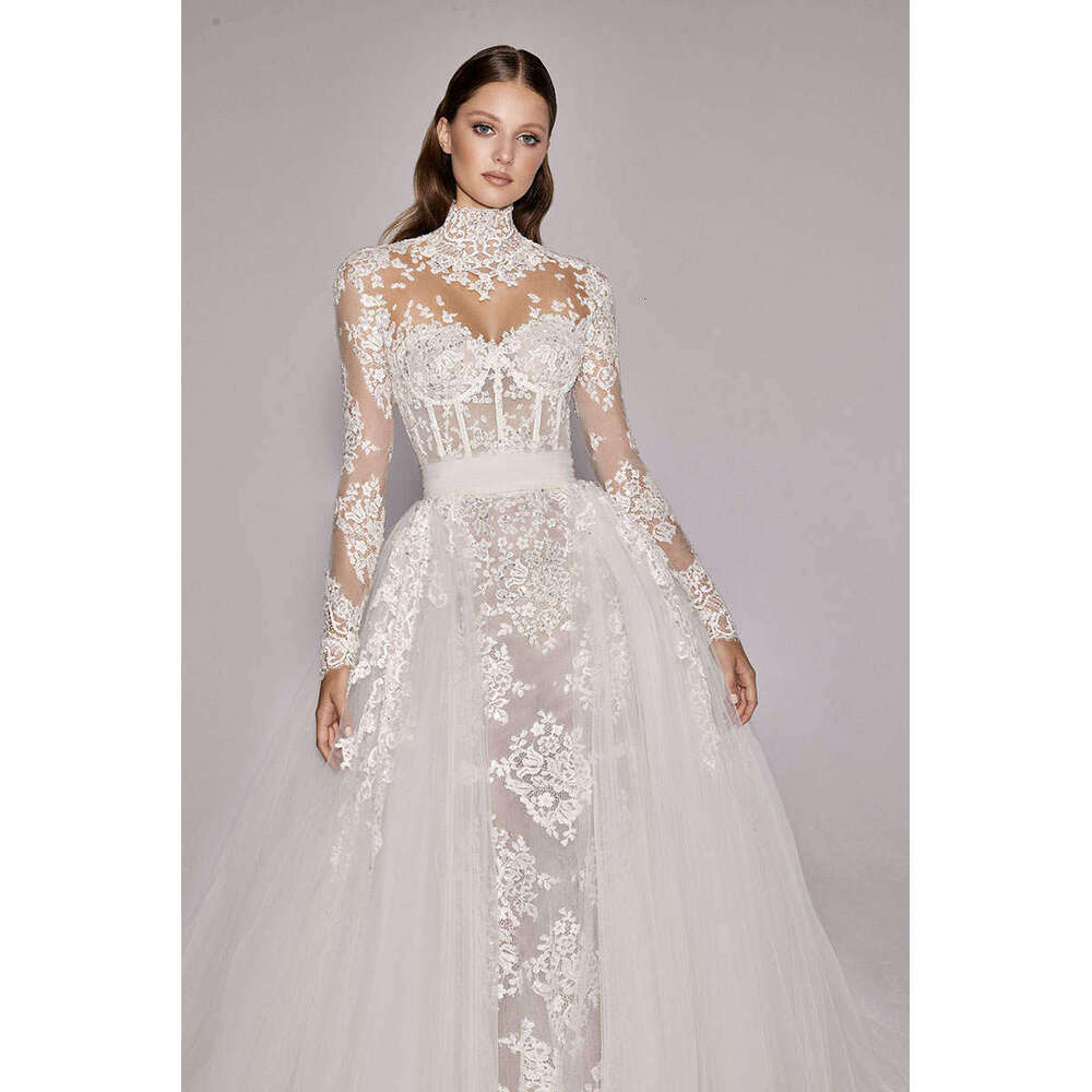 Ful Wedding Dress Mermaid High Collar Appliques Long Sleeve Detachable Train Bride Gown Vestido De Noiva Custom Made 0228Lz