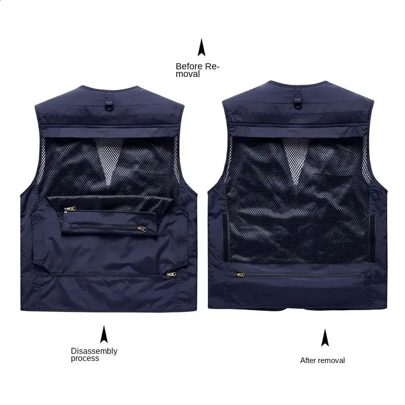 Mens Vest MultiPocket Thin Trend Mesh Breathable Detachable Waistcoat Outdoor Mountaineering Fishing Casual Male 241021