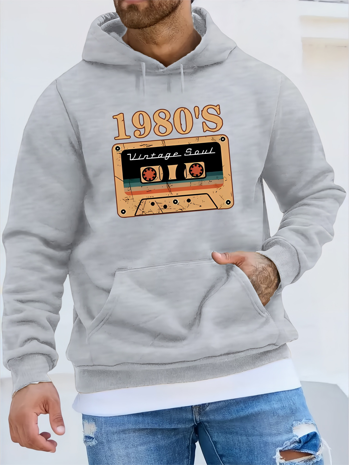 1980's Cassette Tape Graphic Print Men's Long Sleeve Hooded Sweatshirt, Warm Fleece Pullover Hoodie With Kangaroo Pocket, Casual Comfortable