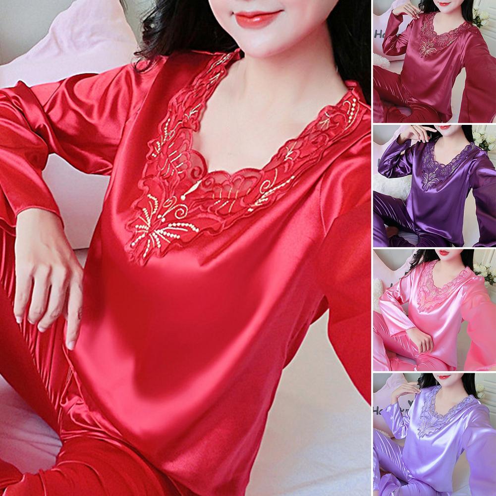 2025 Pcs Set Pamas Silky Long Sleeves V Neck Solid fashion Color Loose Sleeping Lace Plus Size Women Nightie Set for Bedroom