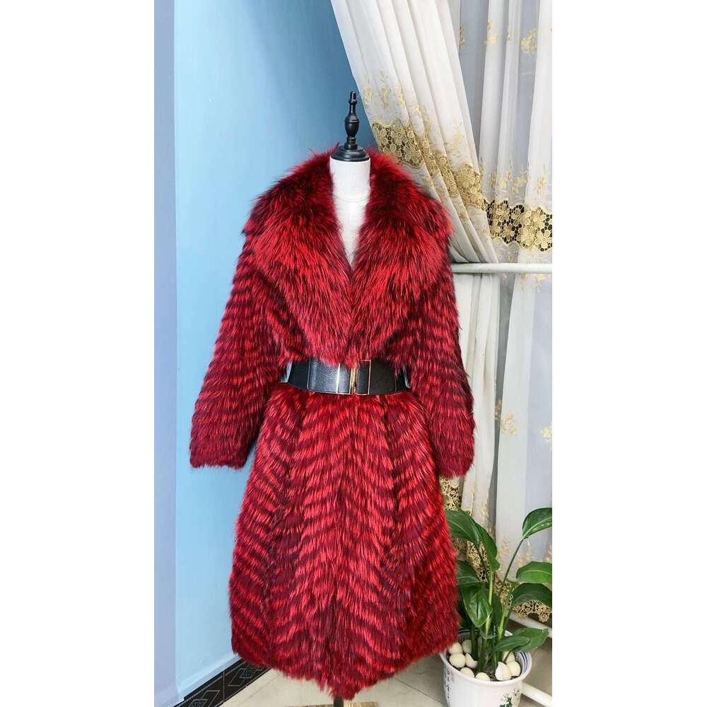 ANNSIRGRA 100% Genuine Fox Fur Jacket x-long Real Fox Fur Coat with Large Turn-down Fox Fur Collar Warm Stylish Fashion Overcoat