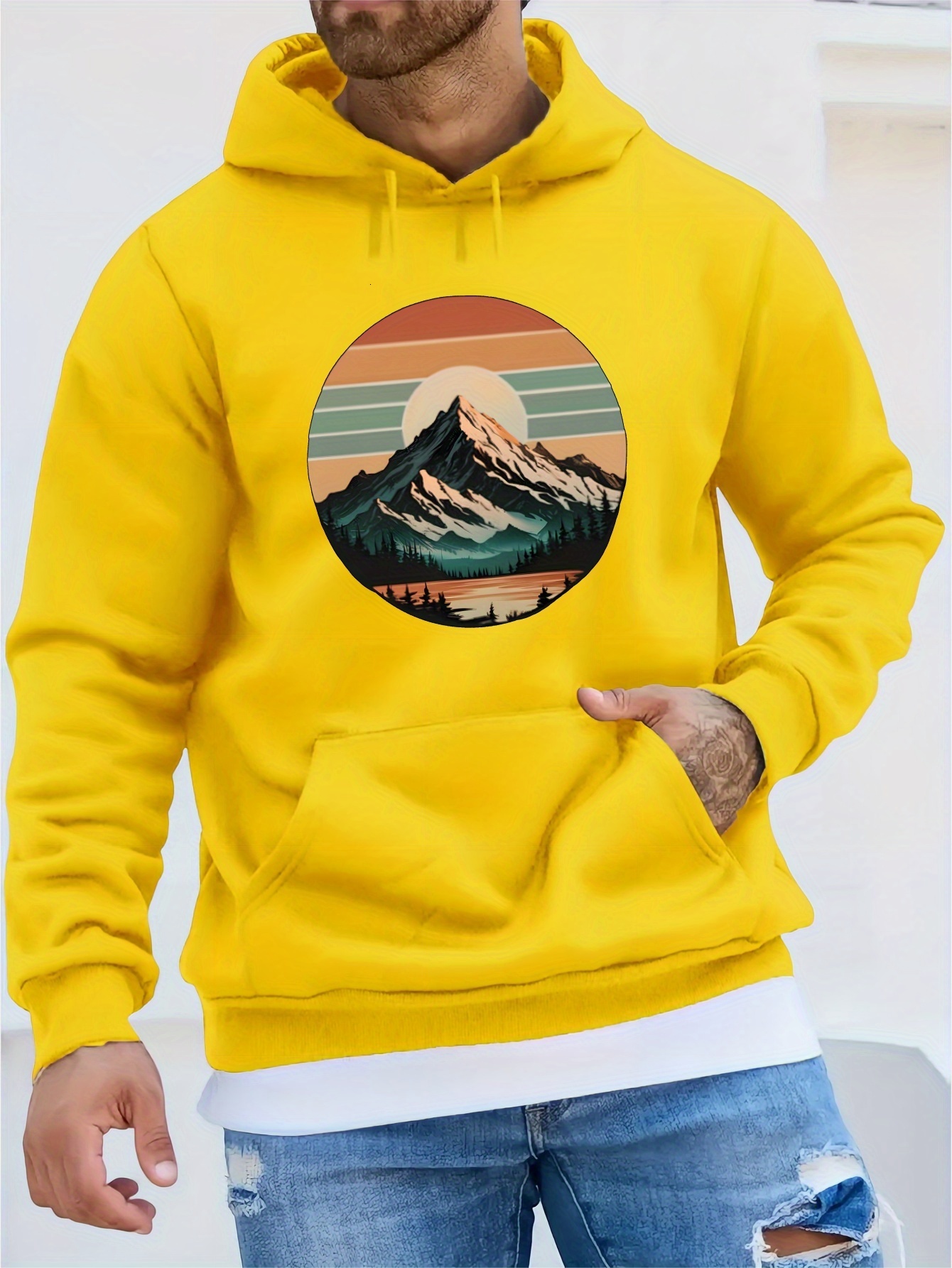 Men's Mountain Print Hoodie, Casual Polyester Pullover Sweatshirt, Long Sleeve, Regular Fit, Winter Fashion, American Style, Youth Plush, Unisex,