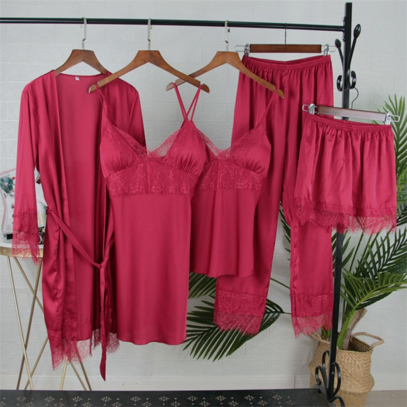 2025 New designer with breast pad full slip lace white ice silk Pamas women s fashion suspender shorts five piece set pajamas bathrobe