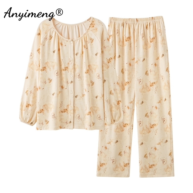 2025 New designer cute bear print autumn and winter women s fashion cotton Pama set long sleeved Pamas pleated cuffs pajamas cardigan wool sweater hom