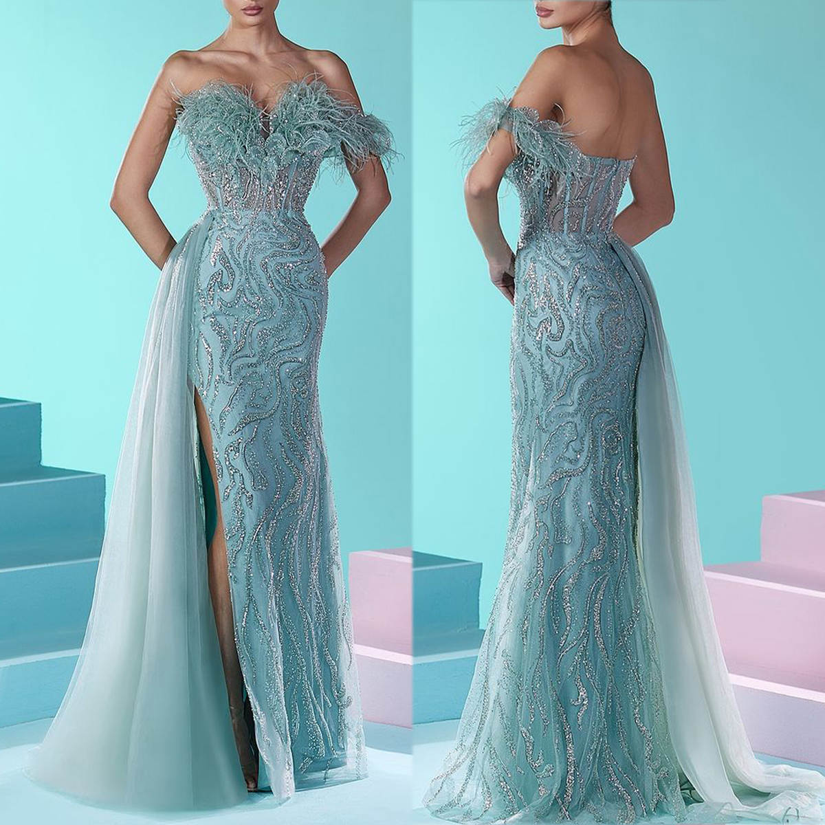 Elegant Feather Evening Sequins Off Shoulder Prom Gowns With Detachable Mermaid Side Split Custom Made Sweep Train Party Dresses Vestidos De Noche 022