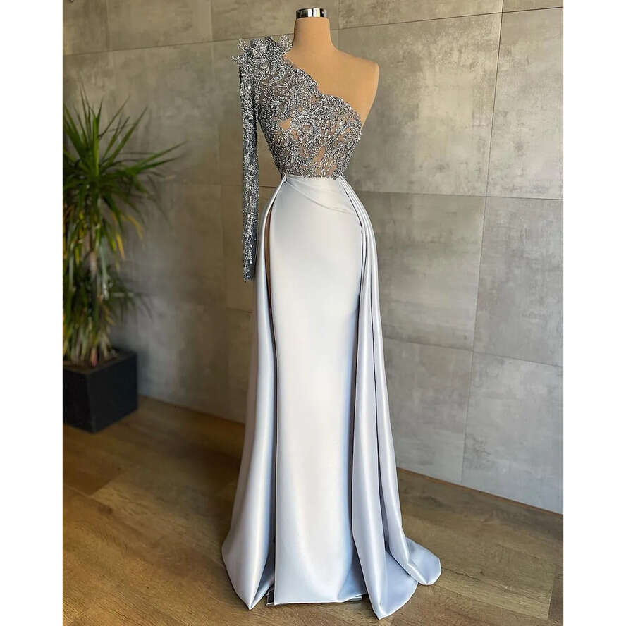 Plus Arabic Aso Size Ebi Urious Lace Beaded Prom Dresses Sheath Satin Sexy Evening Formal Party Second Reception Birthday Engagement Gowns Dress ZJ