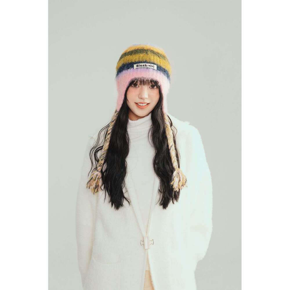 Beanie Striped design knit hat for winter outdoor warm Rainbow Christmas gift to girls knitted hat bonnet