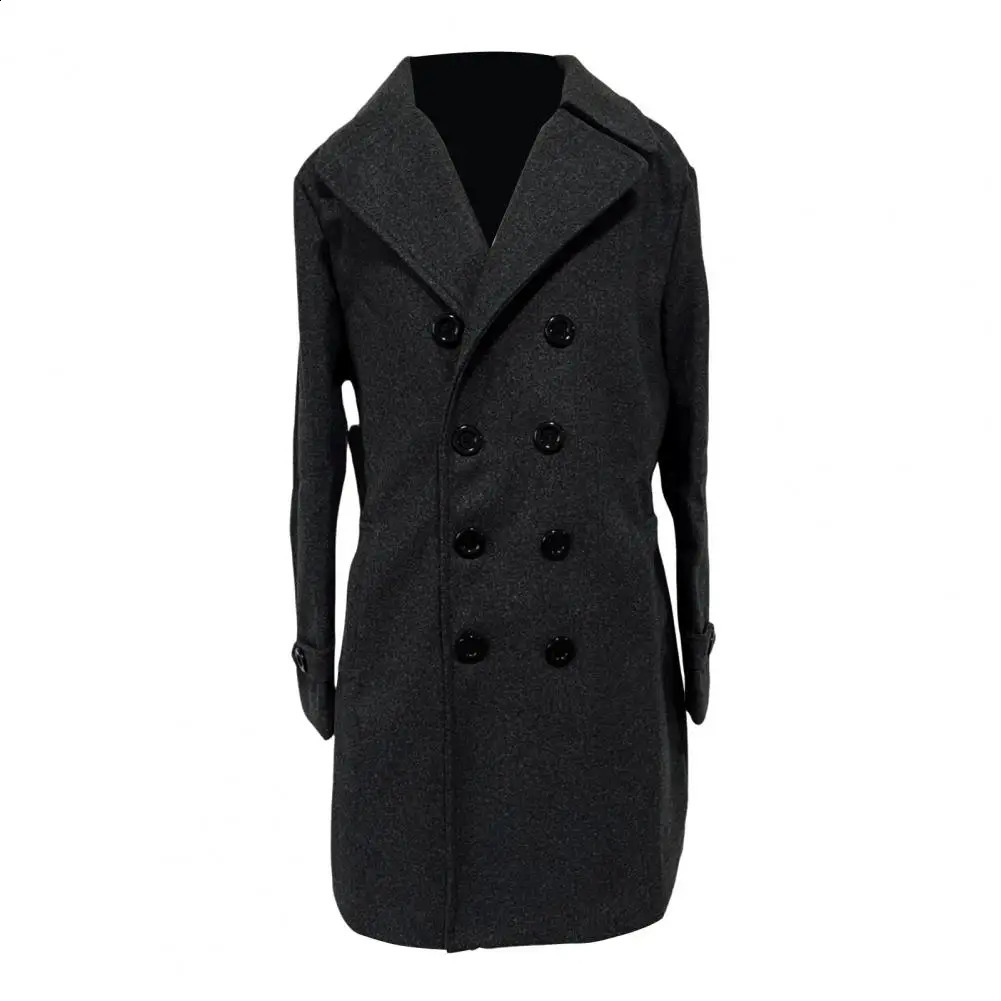 Mens wool coat mens double breasted wool coat with lapel pockets long sleeved solid color windproof jacket 241021
