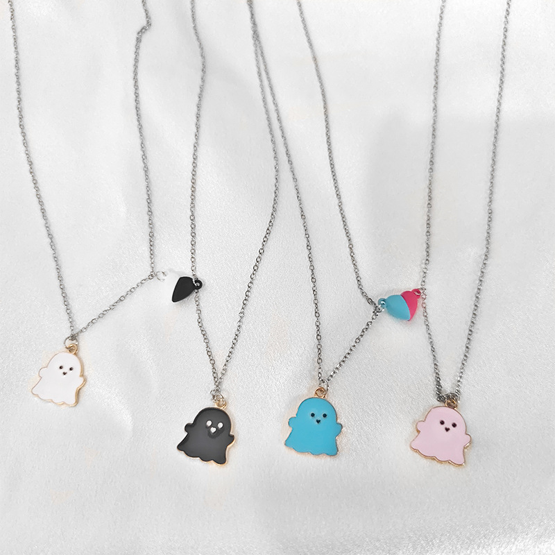 Black and white Ghost cartoon necklace Halloween Gift Jewelry Magnetic magnet pendant personality couple stainless steel necklace