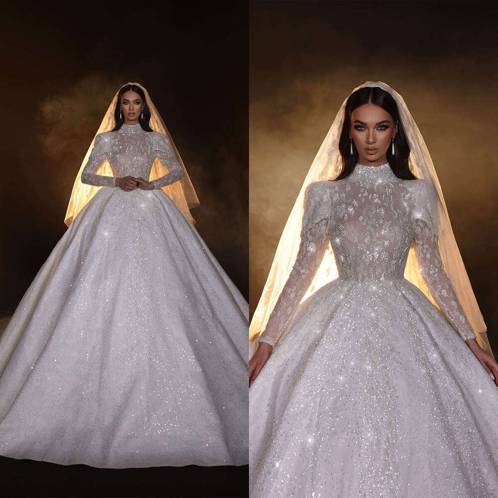 Wedding Dress Ball Gown High Neck Appliques Sequined Long Sleeve Or-Length Princess Bride Vestido De Noiva Custom Made 0228Lz