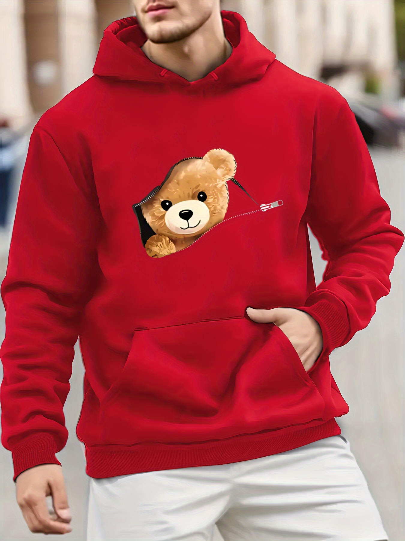 Iceboomc Men's Polyester Hoodie with Cartoon Teddy Bear Print - Casual Style, Hooded Sweatshirt with Slight Stretch, Regular Fit Knit Fabric Pull