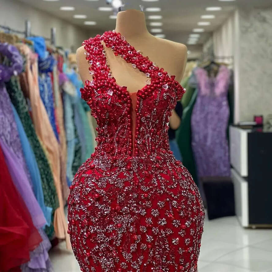 Dark August Aso Ebi Red Mermaid Prom Dress Pearls Sexy Evening Formal Party Second Reception Birthday Engagement Gowns Dresses Robe De Soiree ZJ es