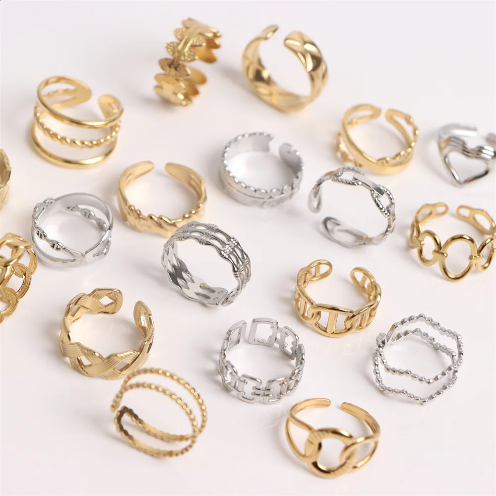 Wholesale 30 pieces/batch retro simple hydraulic stainless steel open ring womens fashionable geometric finger jewelry gift 241021