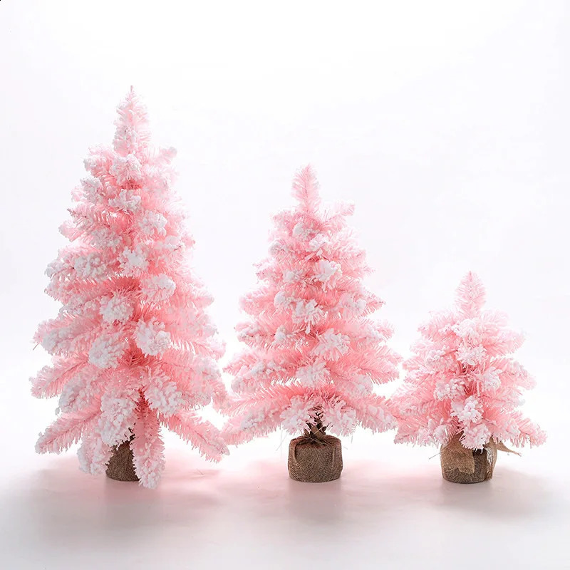 Artificial Christmas Tree 60CM Pink Desktop Flocking Christmas Tree with Lights Christmas Decoration Window Decoration Gift 241021