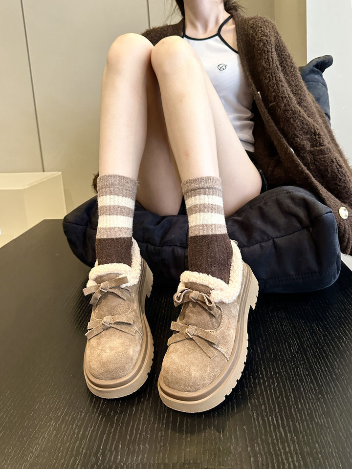 New Autumn Winter Style Added Velvet Thickened Warm Bow Tie Cotton Shoes
