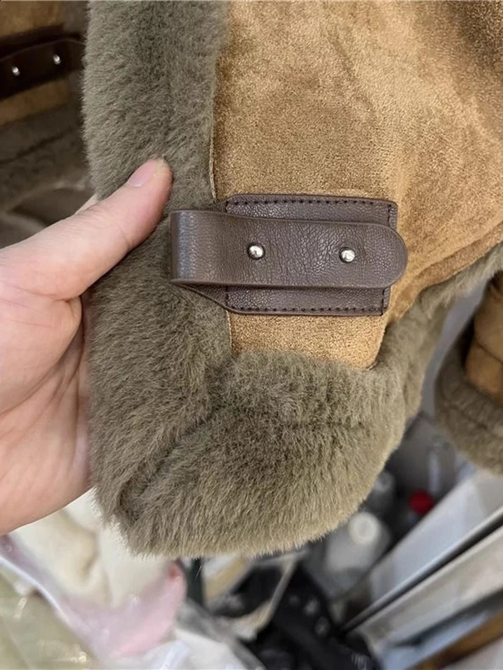 Winter sheepskin coat synthetic fur suede leather womens warm sheepskin coat zipper motorcycle long sleeved short sleeved casual coat 241007CJ