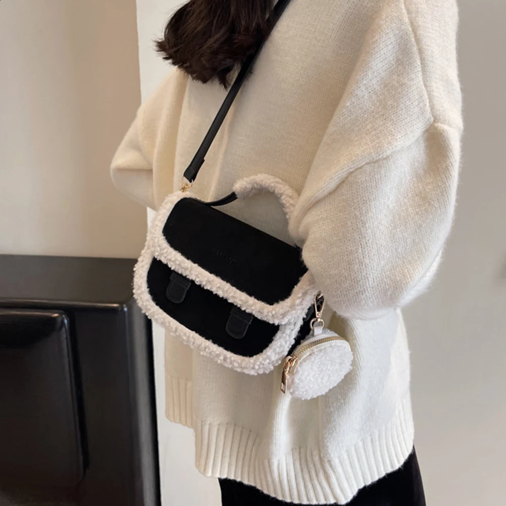 Womens cross body bag retro fluffy handbag with coin wallet square handbag top autumn and winter handbag 241021