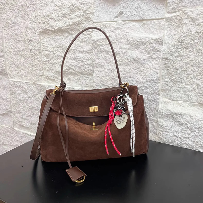 Autumn/Winter Suede Spliced Cowhide B Home Kelly Bag Buckle Handheld Underarm Single Shoulder Handbag 241019 1571 4