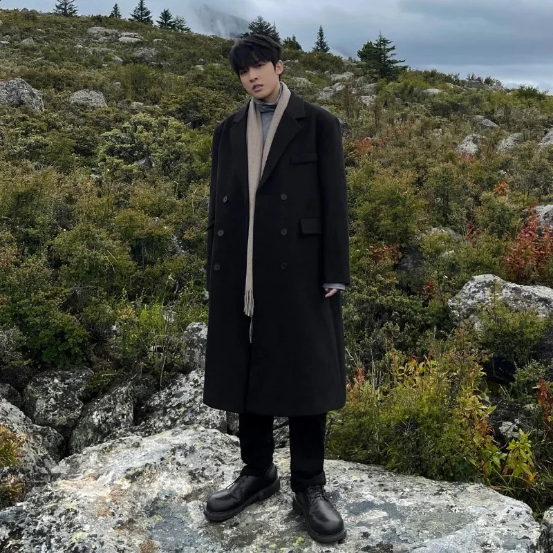 Autumn and winter season wool coat mens Korean version loose mid knee long trench coat Ins trendy suit jacket 241021