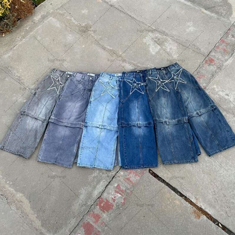 2024 Trendy Streetwear Trousers American Retro Embroidered Washed Distressed Baggy Jeans Men Gothic Punk Wide-Leg Straight Pants