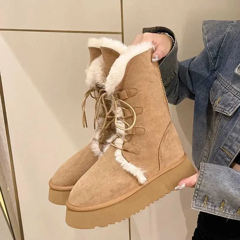 Platform Womens 2023 Winter Short Plush Warm Snow High Top Lace Up Ladies Mid-Calf Boots Fashion Casual Flats Shoes Xw6.5