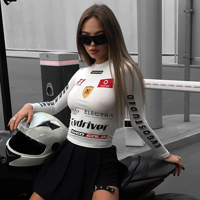 Moto Biker Printed Cyber Y2k White Tshirts Techwear Skinny Long Sleeve Women Crop Tops Gothic Punk Fashion Streetwear 241021