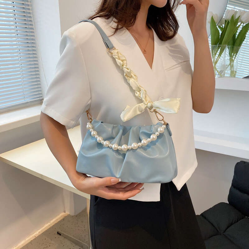 Pleated Crossbody Shoulder Bag Fashion Cloud PU Leather Small Handbags Purse Women Pearl Design Underarm Bags