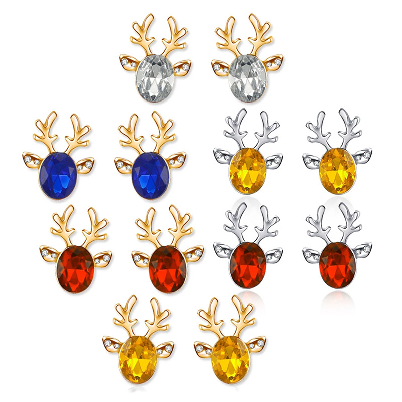 Elegant Christmas Reindeer Earrings - Sparkling Crystal Gemstone Tempered Studs Collection